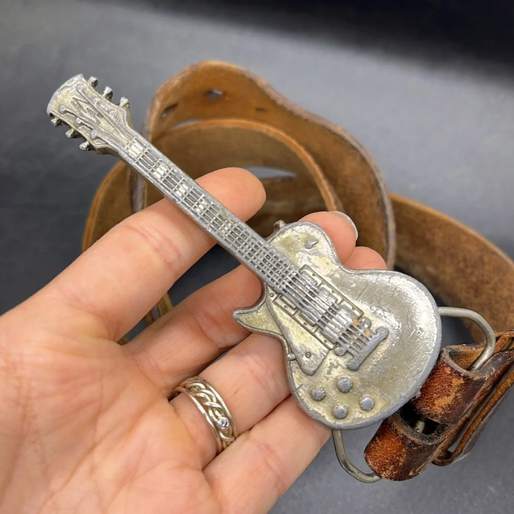 Vintage Brown Leather Men's Belt with Guitar Buckle